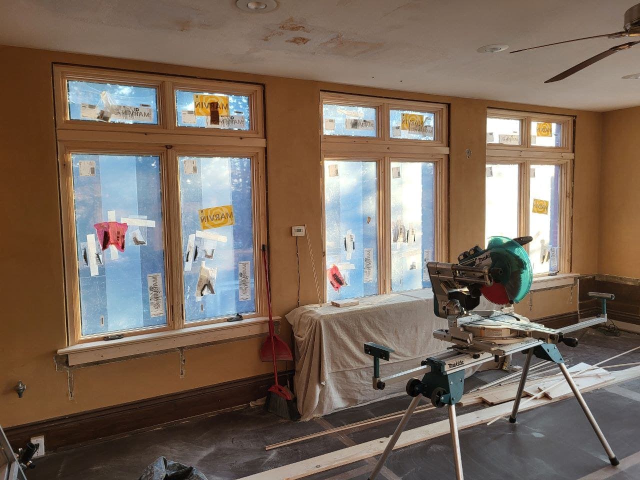 New Marvin windows installed in a room mid renovation