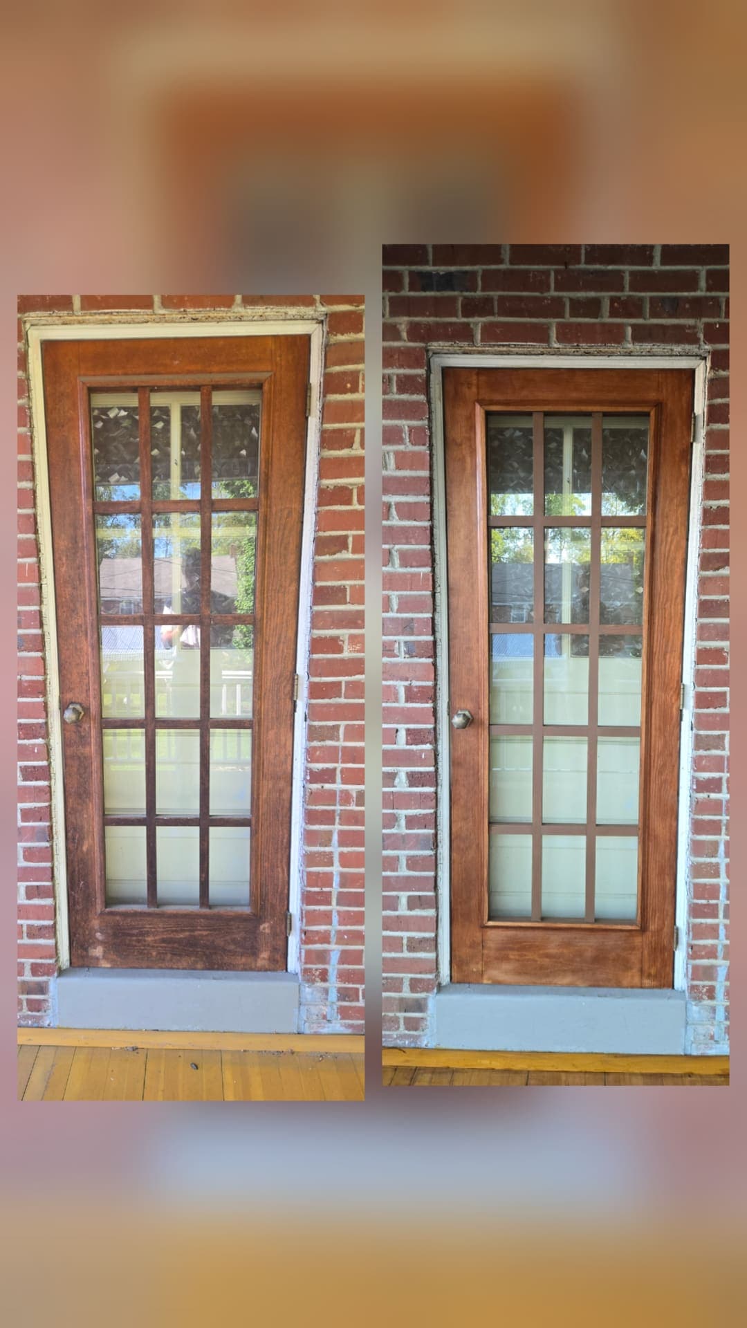 Before and after of a porch door refinishing