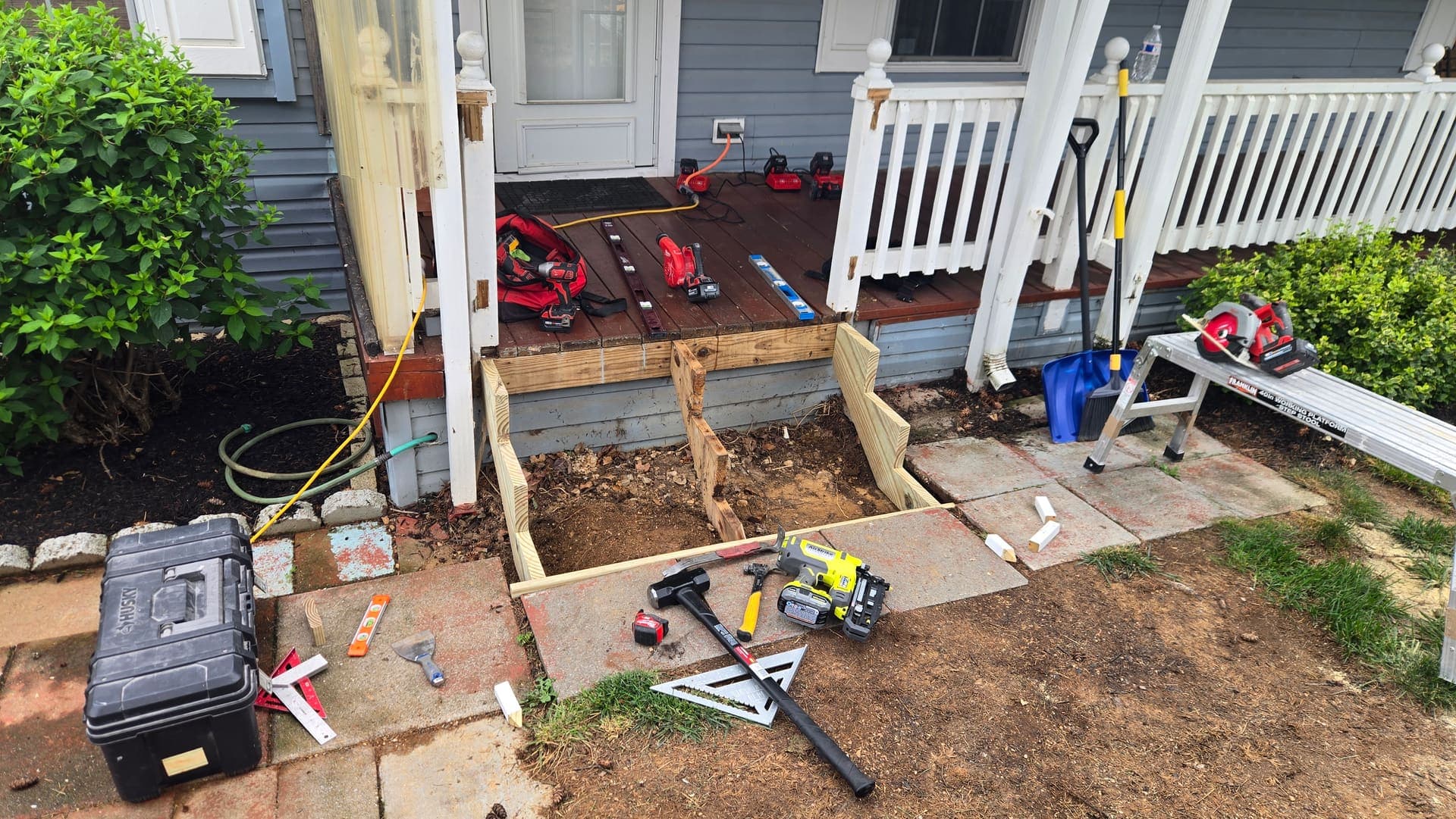 Porch step framing with new stringers
