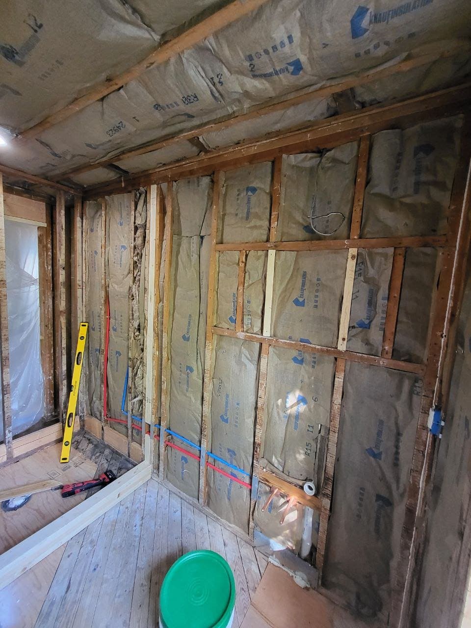 Gutted walls with insulation and PEX plumbing rough in